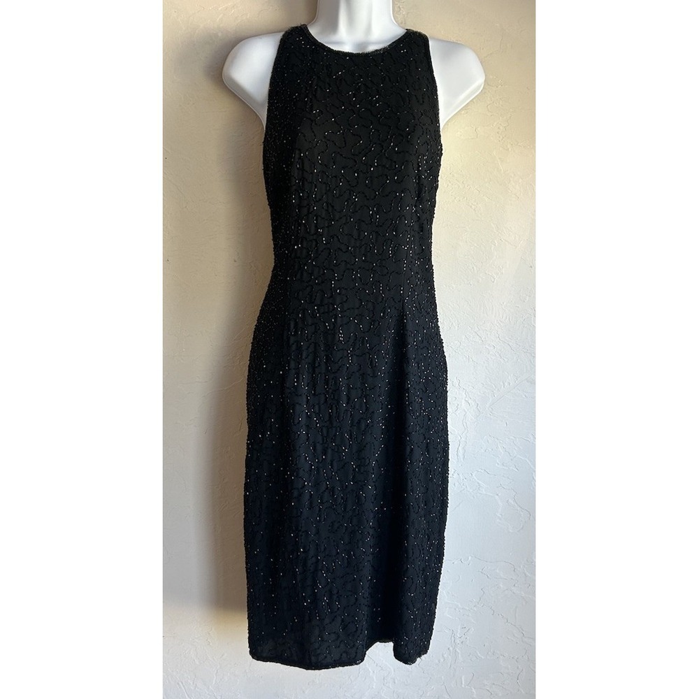 Vintage 90s JMD Black Beaded‎ Dress M Glam Evening Party Sleeveless Cocktail